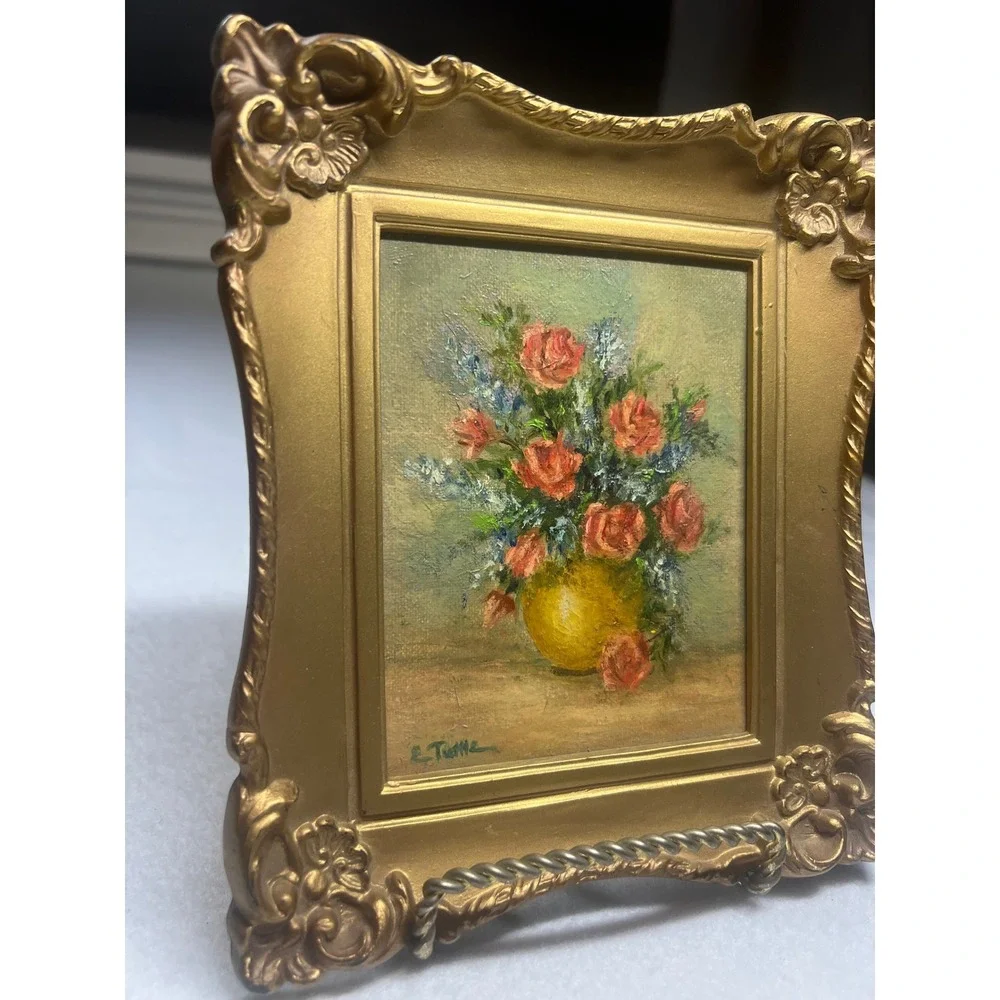 Vintage MCM Still Life Floral Painting Gold Ornate Mini Frame Regency 1964 USA